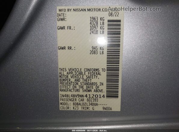 1N4BL4BV9NN412014 2022 NISSAN ALTIMA Silver Widok komory silnika
