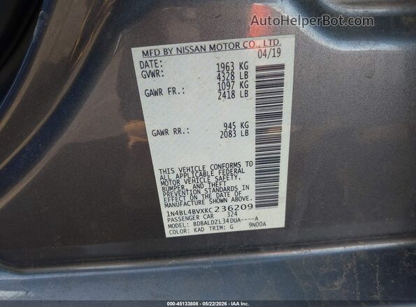 1N4BL4BVXKC236209 2019 NISSAN ALTIMA Серый Вид подкапотного пространства
