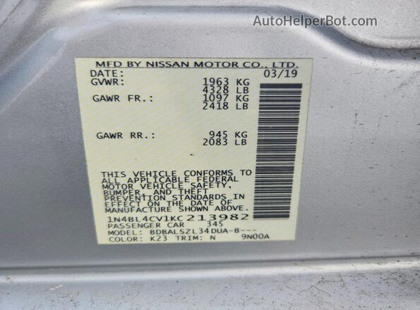 1N4BL4CV1KC213982 2019 NISSAN ALTIMA Silver ძრავის განყოფილების ხედი