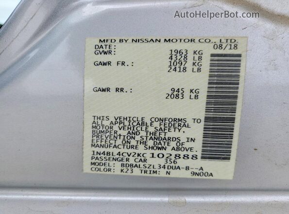 1N4BL4CV2KC102888 2019 NISSAN ALTIMA Silver Widok komory silnika