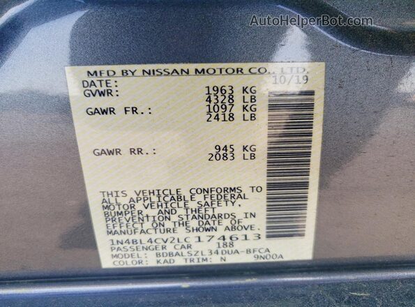 1N4BL4CV2LC174613 2020 NISSAN ALTIMA Gray Вид підкапотного простору