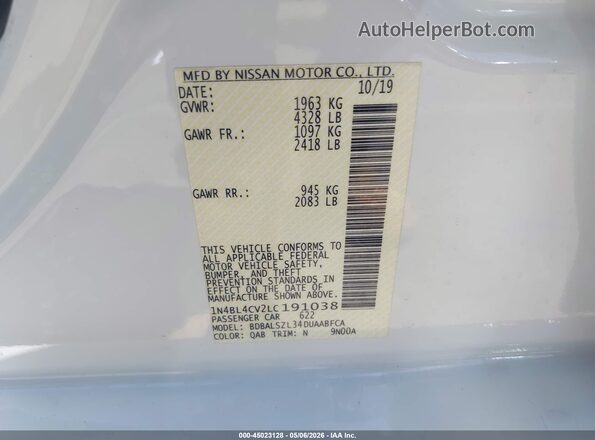 1N4BL4CV2LC191038 2020 NISSAN ALTIMA White Widok komory silnika