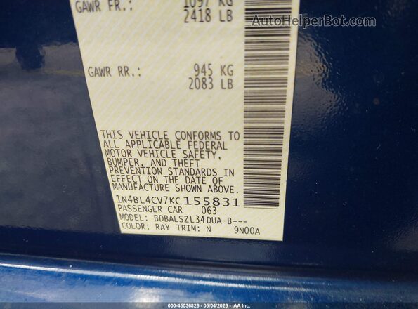 1N4BL4CV7KC155831 2019 NISSAN ALTIMA Синий Вид подкапотного пространства