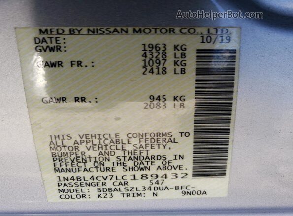 1N4BL4CV7LC189432 2020 NISSAN ALTIMA Silver Вид наклейки з VIN-кодом