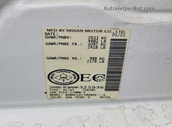 1N4BL4CW4NN325936 2022 NISSAN ALTIMA White Widok komory silnika