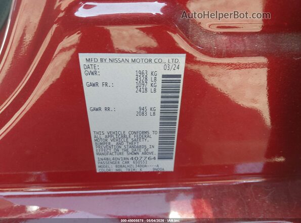 1N4BL4DV1RN407764 2024 NISSAN ALTIMA Red Widok komory silnika