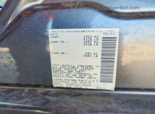 1N4BL4DV3MN367227 2021 NISSAN ALTIMA Серый Вид наклейки с VIN-кодом