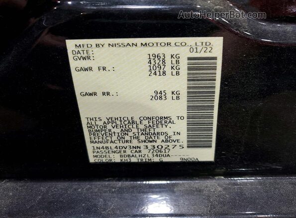 1N4BL4DV3NN330275 2022 NISSAN ALTIMA Черный Вид наклейки с VIN-кодом