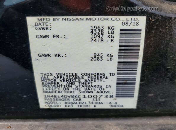 1N4BL4DV8KC100738 2019 NISSAN ALTIMA Black VIN კოდის სტიკერის ხედი