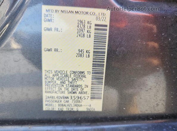 1N4BL4DV8NN359657 2022 NISSAN ALTIMA Gray Vista de la etiqueta del VIN