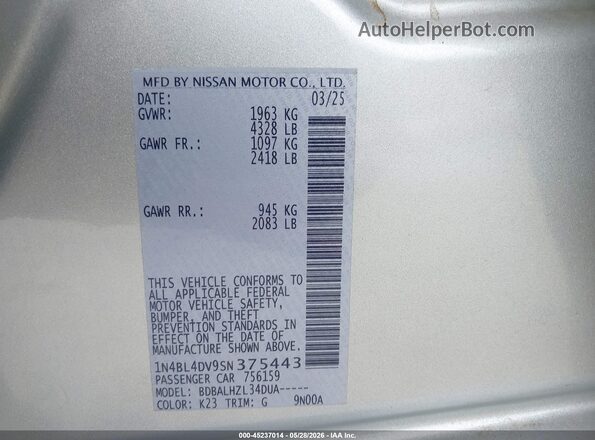 1N4BL4DV9SN375443 2025 NISSAN ALTIMA Серебряный Вид подкапотного пространства