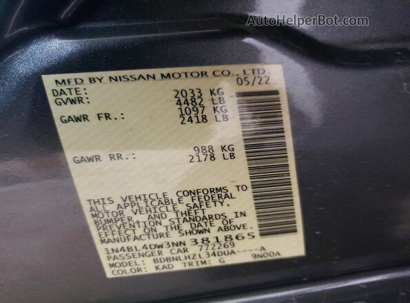 1N4BL4DW3NN381865 2022 NISSAN ALTIMA Charcoal Widok naklejki z numerem VIN