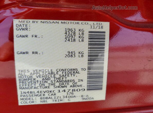 1N4BL4EV0KC147809 2019 NISSAN ALTIMA Темно-бордовый Вид подкапотного пространства