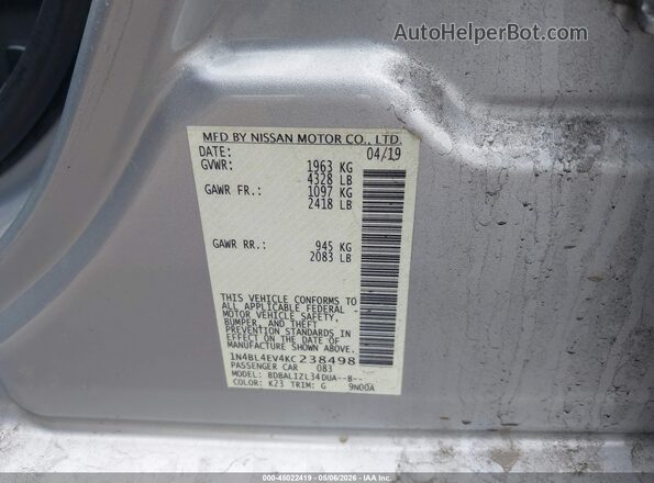 1N4BL4EV4KC238498 2019 NISSAN ALTIMA Серебряный Вид подкапотного пространства