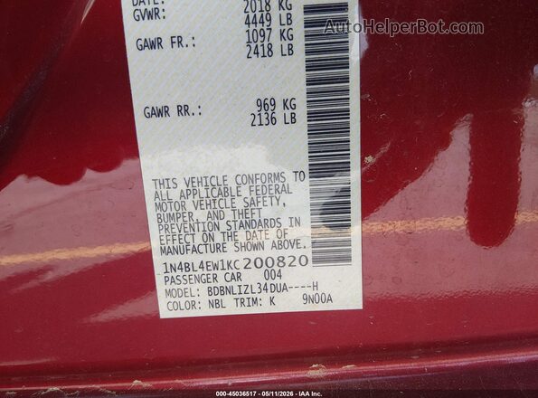 1N4BL4EW1KC200820 2019 NISSAN ALTIMA Бордовый Вид подкапотного пространства
