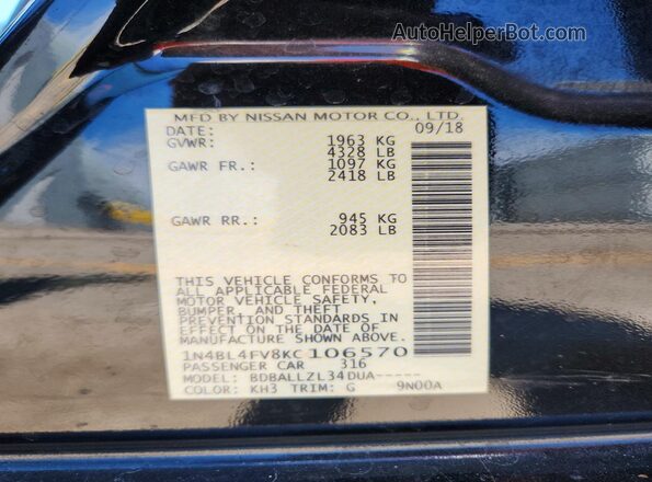 1N4BL4FV8KC106570 2019 NISSAN ALTIMA Черный Вид подкапотного пространства