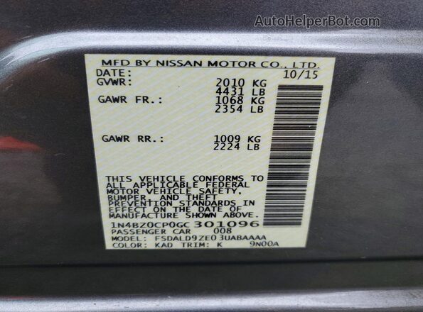 1N4BZ0CP0GC301096 2016 NISSAN LEAF Серый Вид наклейки с VIN-кодом