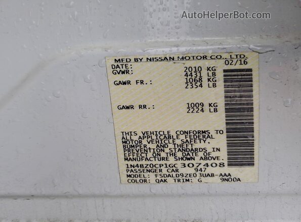 1N4BZ0CP1GC307408 2016 NISSAN LEAF White Vista del compartimento del motor