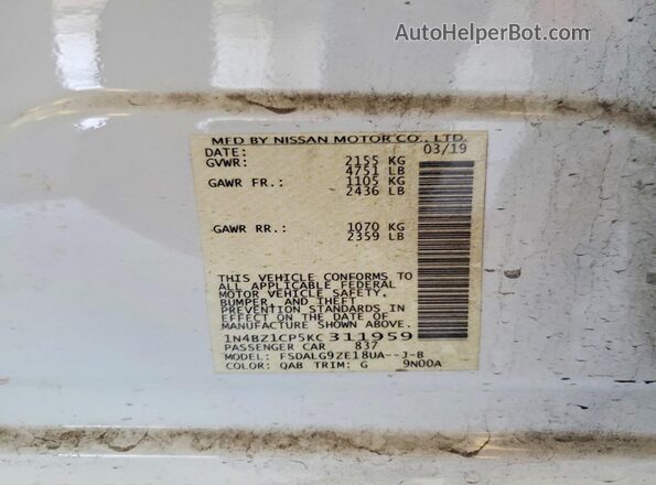 1N4BZ1CP5KC311959 2019 NISSAN LEAF Белый Вид наклейки с VIN-кодом