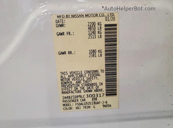 1N4BZ1DP9LC300317 2020 NISSAN LEAF Белый Вид наклейки с VIN-кодом