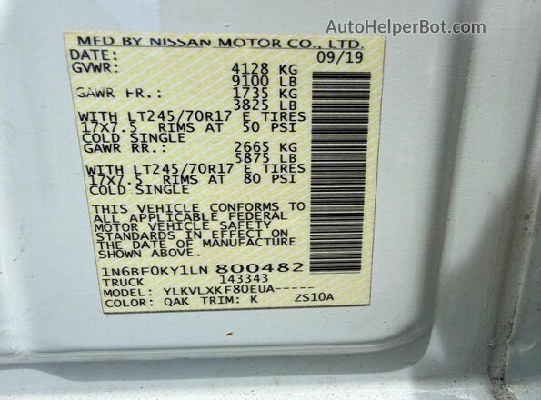 1N6BF0KY1LN800482 2020 NISSAN NV Белый Вид задних сидений