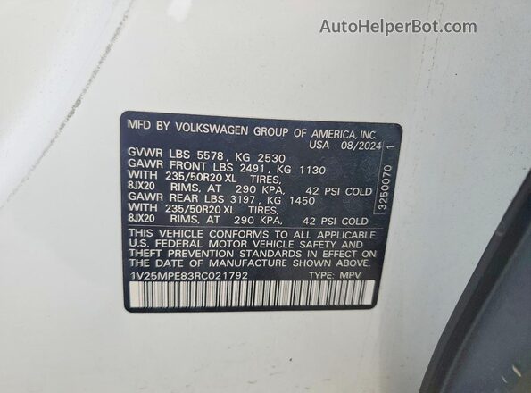 1V25MPE83RC021792 2024 VOLKSWAGEN ID.4 Белый Вид наклейки с VIN-кодом