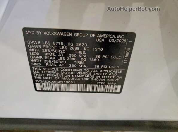 1V2AE2CA6SC219051 2025 VOLKSWAGEN ATLAS White VIN კოდის სტიკერის ხედი