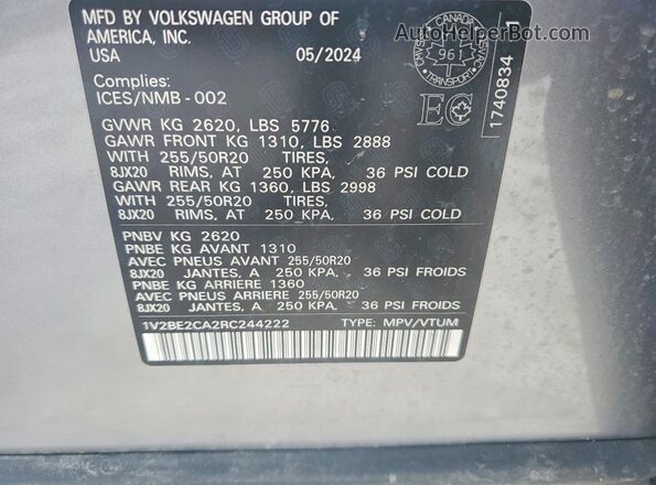 1V2BE2CA2RC244222 2024 VOLKSWAGEN ATLAS Silver Вид наклейки з VIN-кодом