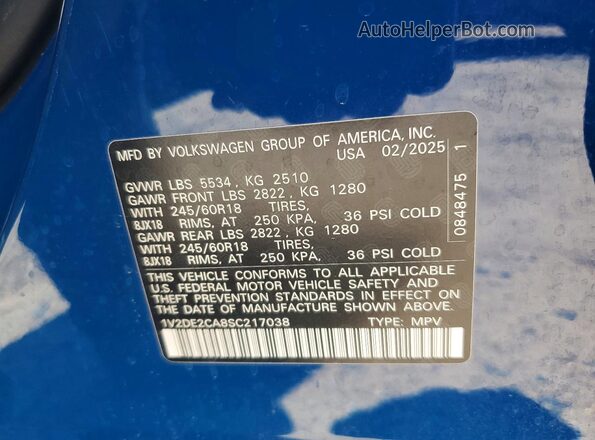 1V2DE2CA8SC217038 2025 VOLKSWAGEN ATLAS Blue Вид наклейки з VIN-кодом