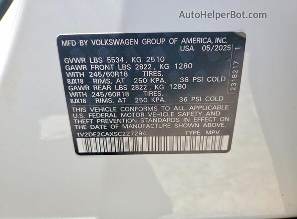 1V2DE2CAXSC227294 2025 VOLKSWAGEN ATLAS Белый Вид наклейки с VIN-кодом