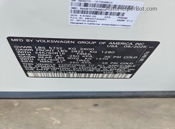 1V2DN2CA6TC511832 2026 VOLKSWAGEN ATLAS White VIN կոդի պիտակի տեսք