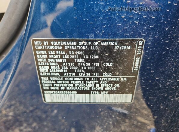 1V2DP2CAXKC586459 2019 VOLKSWAGEN ATLAS Синий Вид наклейки с VIN-кодом