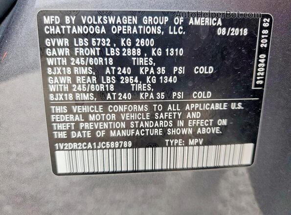 1V2DR2CA1JC589789 2018 VOLKSWAGEN ATLAS Gray Вид наклейки з VIN-кодом