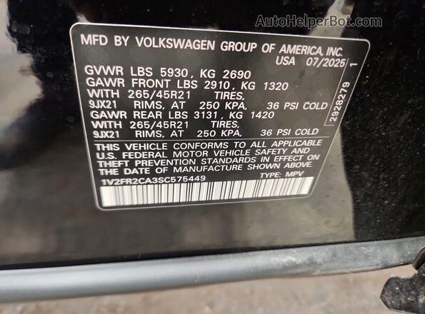 1V2FR2CA3SC575449 2025 VOLKSWAGEN ATLAS Black Vista interior de 360 grados