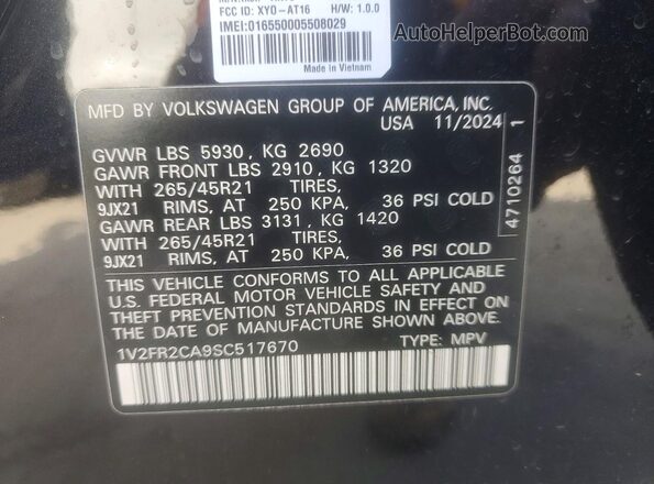 1V2FR2CA9SC517670 2025 VOLKSWAGEN ATLAS Черный Вид наклейки с VIN-кодом