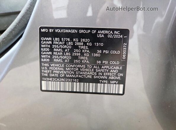 1V2HE2CA2RC232162 2024 VOLKSWAGEN ATLAS Серебряный Вид наклейки с VIN-кодом