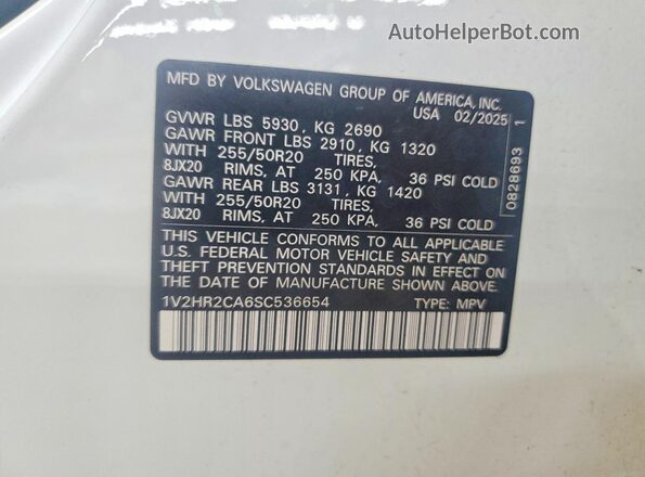1V2HR2CA6SC536654 2025 VOLKSWAGEN ATLAS White Vista del compartimento del motor