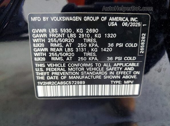 1V2HR2CA8SC572989 2025 VOLKSWAGEN ATLAS Черный Вид наклейки с VIN-кодом