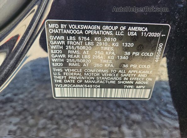 1V2JR2CA8MC549104 2021 VOLKSWAGEN ATLAS Черный Вид наклейки с VIN-кодом