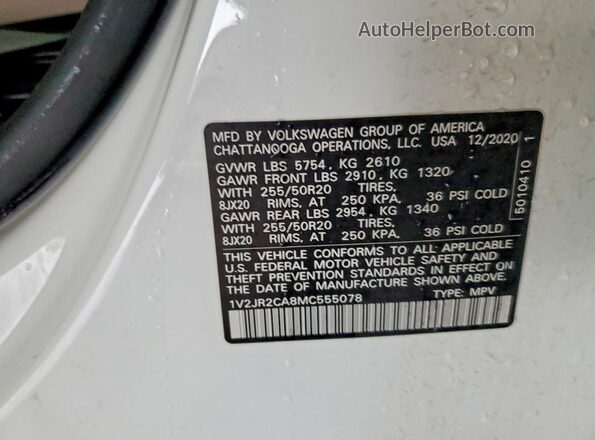 1V2JR2CA8MC555078 2021 VOLKSWAGEN ATLAS Белый Вид наклейки с VIN-кодом