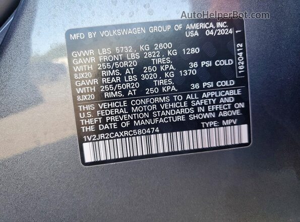 1V2JR2CAXRC580474 2024 VOLKSWAGEN ATLAS Gray Vista de la etiqueta del VIN