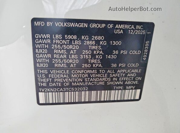 1V2KN2CA3TC532032 2026 VOLKSWAGEN ATLAS White Widok wnętrza 360 stopni