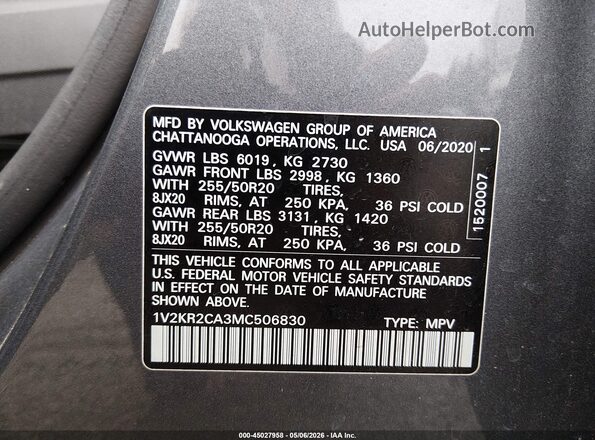 1V2KR2CA3MC506830 2021 VOLKSWAGEN ATLAS Серебряный Вид подкапотного пространства
