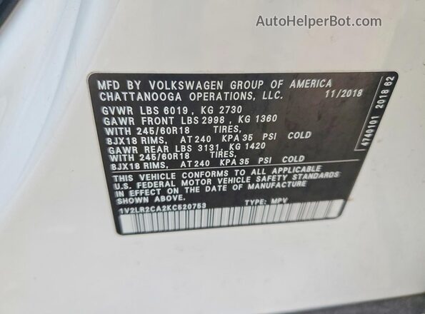 1V2LR2CA2KC520753 2019 VOLKSWAGEN ATLAS Белый Вид подкапотного пространства