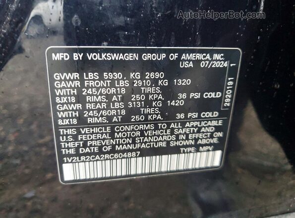 1V2LR2CA2RC604887 2024 VOLKSWAGEN ATLAS Черный Вид наклейки с VIN-кодом