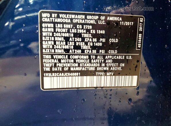 1V2LR2CA6JC540681 2018 VOLKSWAGEN ATLAS Blue Вид наклейки з VIN-кодом