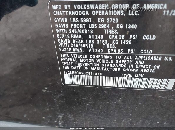 1V2LR2CA9JC541310 2018 VOLKSWAGEN ATLAS Black Vista del compartimento del motor