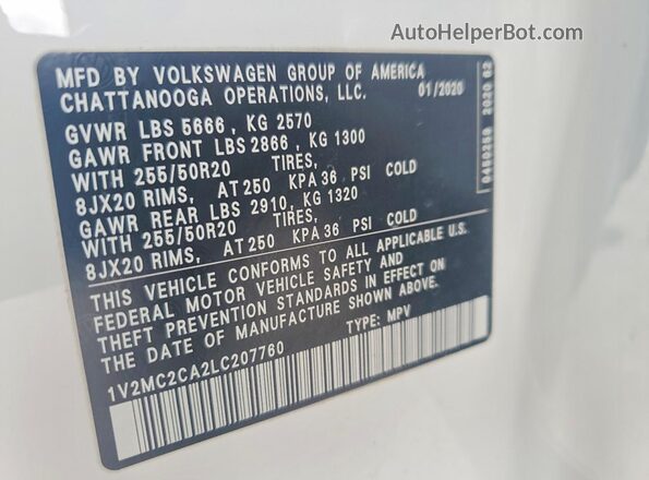 1V2MC2CA2LC207760 2020 VOLKSWAGEN ATLAS Белый Вид наклейки с VIN-кодом