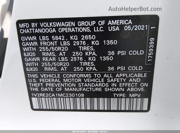 1V2RE2CA1MC230108 2021 VOLKSWAGEN ATLAS White Vista del compartimento del motor