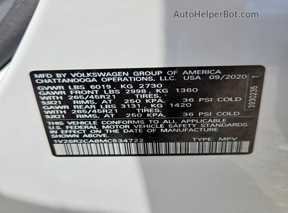1V2SR2CA8MC534722 2021 VOLKSWAGEN ATLAS Белый Вид наклейки с VIN-кодом